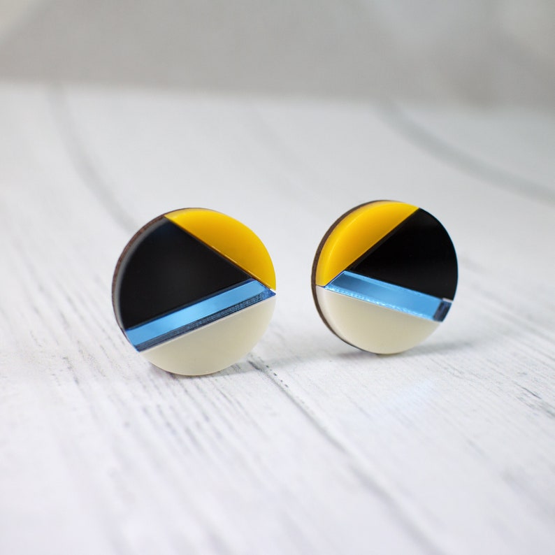 Art Deco Round Earrings, Retro Circle Earrings, Yellow Earrings, Acrylic Earrings, 1960's Earrings, Stud Earrings, Lazer Cut Earrings image 1