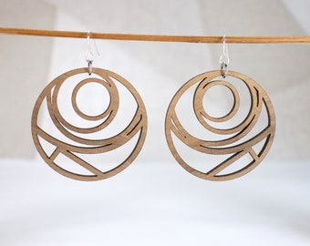 Geometric hoop earrings in walnut wood circle Art Deco design
