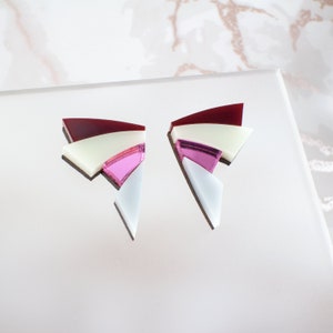 Art Deco Earrings, Geometric Earrings, Laser Cut Earrings, Pink Mirror, Acrylic Earrings, Ivory, Burgundy, Gift For Her, Stud Earrings