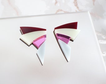 Art Deco Earrings, Geometric Earrings, Laser Cut Earrings, Pink Mirror, Acrylic Earrings, Ivory, Burgundy, Gift For Her, Stud Earrings