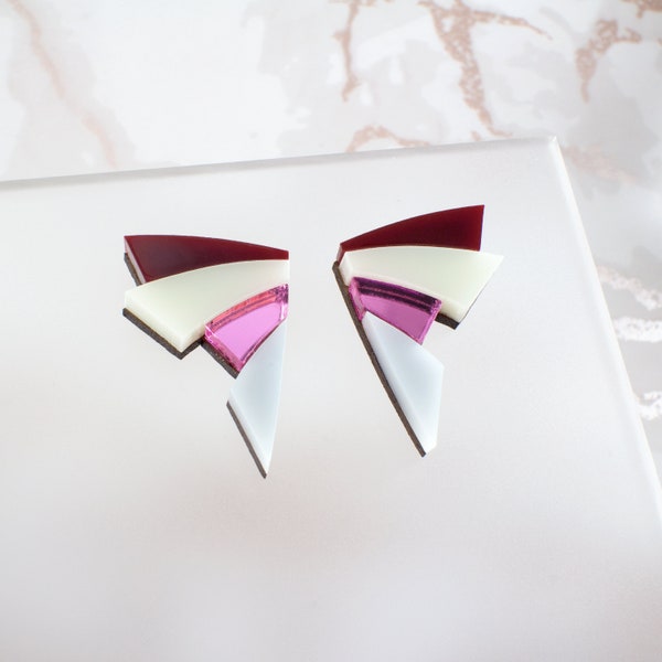 Art Deco Earrings, Geometric Earrings, Laser Cut Earrings, Pink Mirror, Acrylic Earrings, Ivory, Burgundy, Gift For Her, Stud Earrings