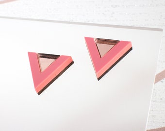 Pink and Rose Gold Mirror Triangle Earrings,  Retro 1980's Earrings, Geometric Earrings, Pink Stud Earrings, Acrylic Earrings, Gift For Her