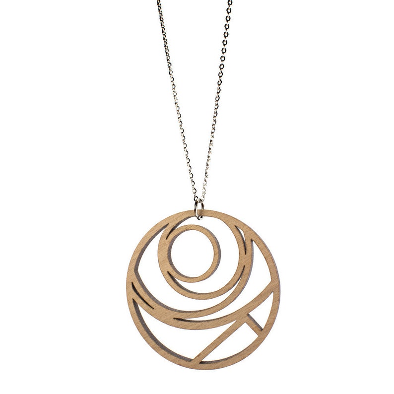 Collier en bois de noyer, collier découpé au laser, collier géométrique, pendentif cercle, collier art déco, collier en bois, bijoux géométriques image 2