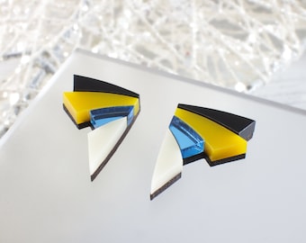 Art Deco Earrings, Geometric Earrings, Laser Cut Earrings, Yellow and Blue Mirror Acrylic, Gift For Her, Stud Earrings, Acrylic Earrings