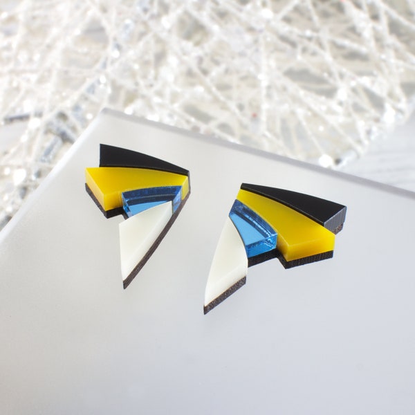 Pendientes Art Déco, Pendientes Geométricos, Pendientes Cortados con Láser, Acrílico Espejo Amarillo y Azul, Regalo para Ella, Pendientes de Botón, Pendientes de Acrílico