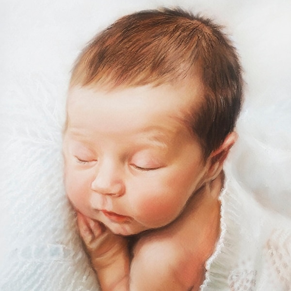 Kinderportret in pastel | Portret van een pasgeborene| Schilderij van foto| Babyportret | Hondenportret | Moederdagcadeau| Handgemaakt portret