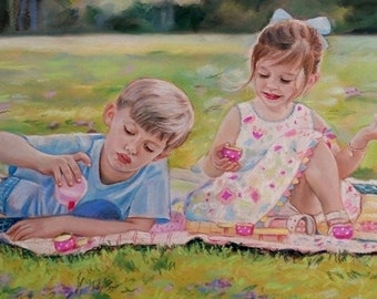 May include: A pastel drawing depicts two children having a tea party on a blanket in a park. The boy pours from a pink teapot, while the girl holds a teacup. The scene is set on a green lawn with trees in the background.
