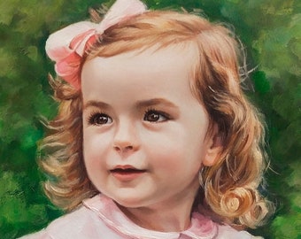 May include: A painting of a young girl with blonde curly hair wearing a pink dress with floral embroidery. She is holding a blue toy block in her hand and looking to the side. The background is a green grassy area.
