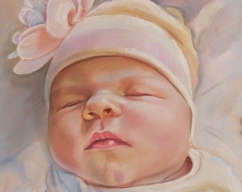 May include: Pastel drawing of a sleeping baby girl wearing a white hat with a pink flower on top. The baby is wearing a white onesie with the name "Ellie" written in pink on the front.