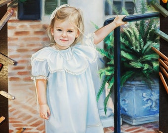 May include: A pastel drawing of a young girl in a white dress with lace trim, standing on a brick patio. She is holding onto a black metal railing. There is a potted plant behind her.