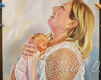 Retrato de madre e hijo a partir de una foto, dibujo al pastel personalizado, retrato de mamá y bebé, regalo significativo para el Día de la Madre, retrato al pastel personalizado