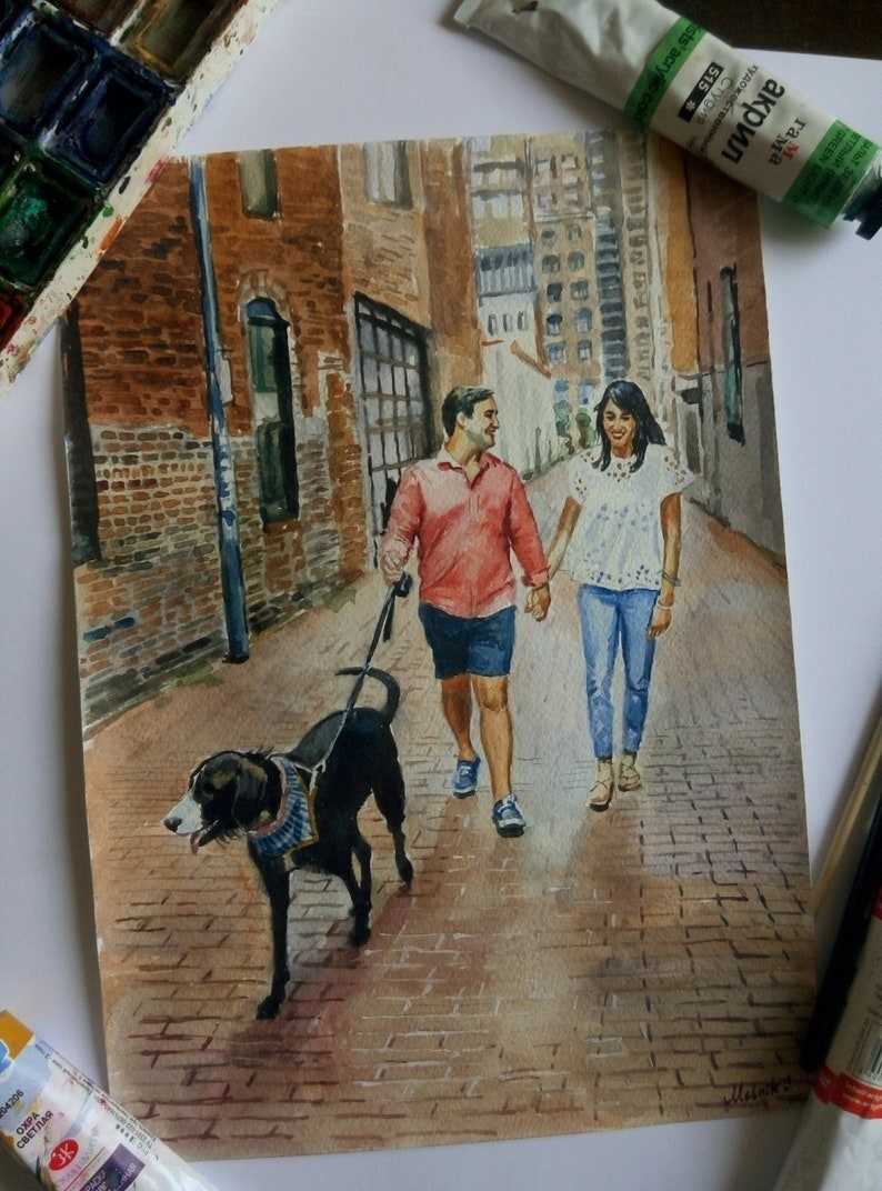 May include: Watercolor painting of a couple walking down a brick alleyway with their dog. The man is wearing a red shirt and black shorts, the woman is wearing a white shirt and blue jeans, and the dog is black with a blue and white collar.