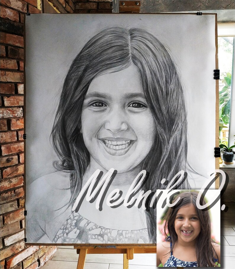 May include: A black and white pencil drawing of a young girl with long hair smiling. The drawing is on a white canvas and is signed "Melnik O."