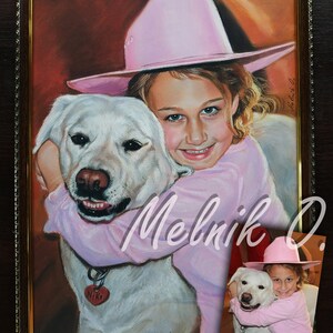 May include: A painting of a young girl wearing a pink cowboy hat and a pink shirt, hugging a white dog. The dog has a tag that says "Niki". The painting is framed in a dark wood frame.