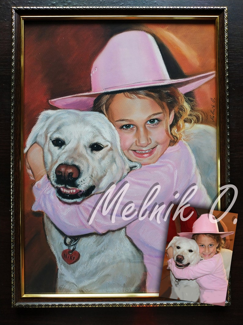 May include: A painting of a young girl wearing a pink cowboy hat and a pink shirt, hugging a white dog. The dog has a tag that says "Niki". The painting is framed in a dark wood frame.