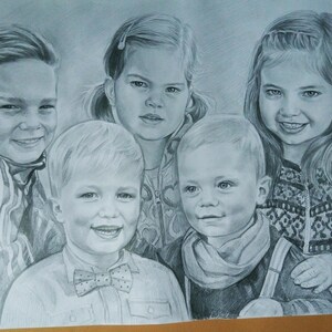 May include: A black and white pencil drawing of four children. The children are all smiling and looking at the camera. The drawing is done in a realistic style.