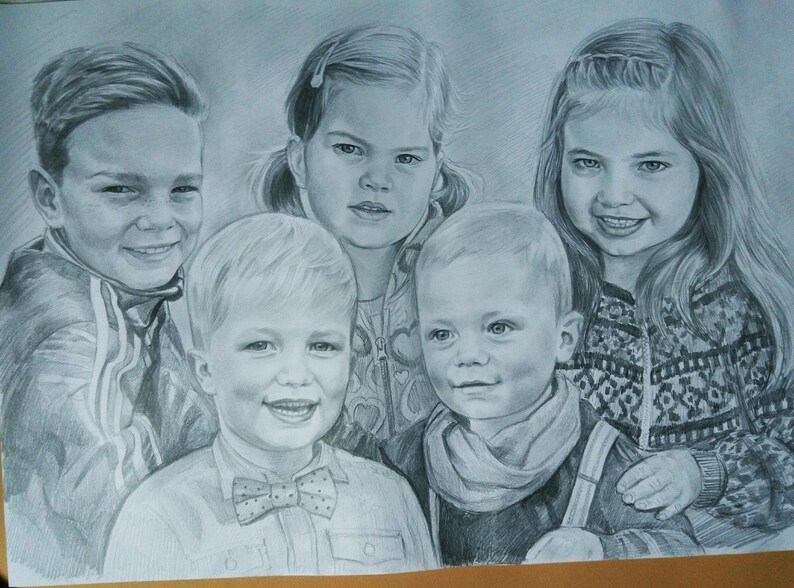 May include: A black and white pencil drawing of four children. The children are all smiling and looking at the camera. The drawing is done in a realistic style.