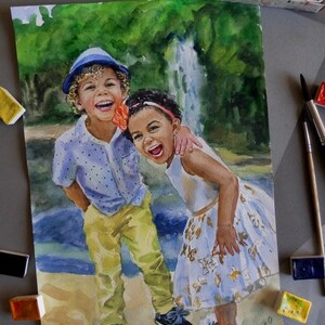 May include: Watercolor painting of two children laughing together in a park setting. The boy is wearing a blue hat and a blue and white patterned shirt. The girl is wearing a white dress with a floral pattern. The painting is signed "Melnik" and dated "2018".