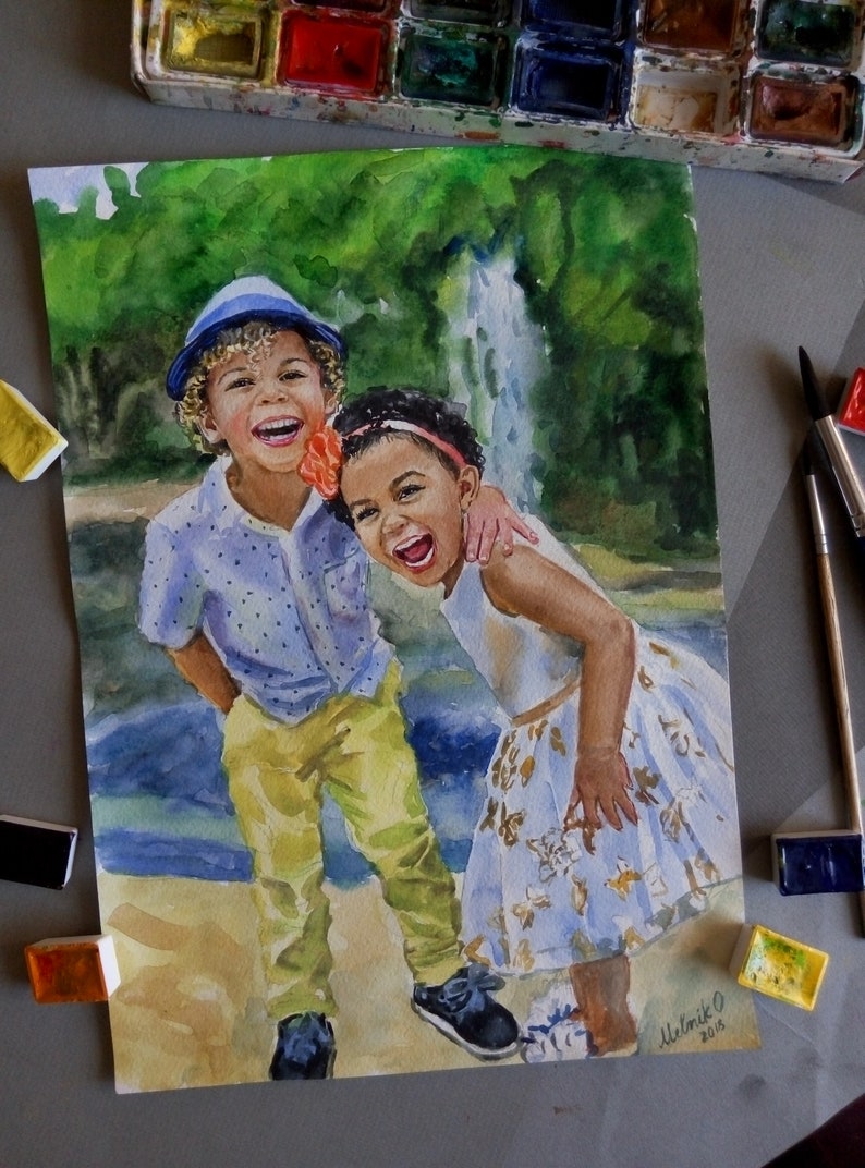 May include: Watercolor painting of two children laughing together in a park setting. The boy is wearing a blue hat and a blue and white patterned shirt. The girl is wearing a white dress with a floral pattern. The painting is signed "Melnik" and dated "2018".