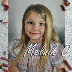 May include: Pastel portrait of a young girl with long blonde hair wearing a floral dress. The artist's signature, "Melnik O.", is visible in the bottom right corner.