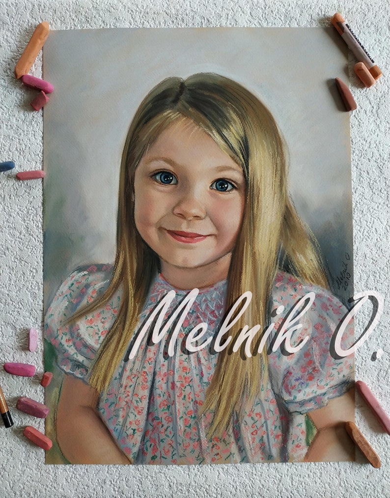 May include: Pastel portrait of a young girl with long blonde hair wearing a floral dress. The artist's signature, "Melnik O.", is visible in the bottom right corner.