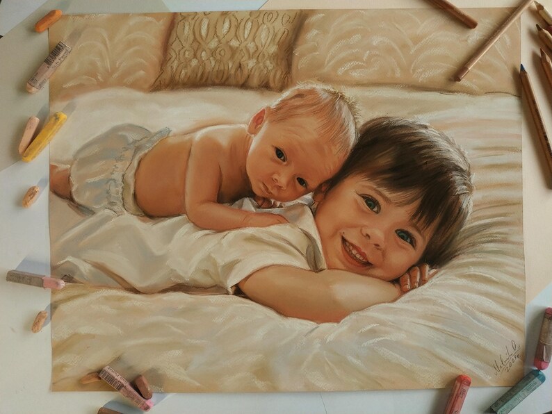 Retrato al pastel personalizado a partir de una foto: Arte familiar o infantil enmarcado imagen 12