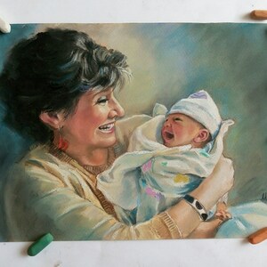 May include: A pastel drawing of a woman holding a baby wrapped in a blanket. The woman is smiling and looking at the baby, who is also smiling. The background is a light blue.