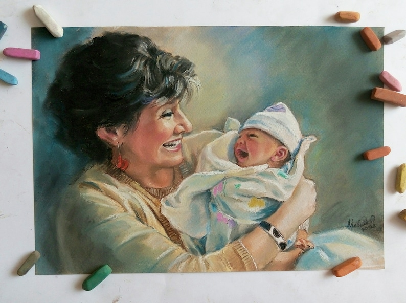May include: A pastel drawing of a woman holding a baby wrapped in a blanket. The woman is smiling and looking at the baby, who is also smiling. The background is a light blue.