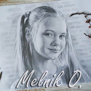 May include: A black and white pencil drawing of a young girl with long hair, wearing a sweater. The drawing is signed "Melnik O."