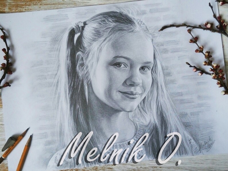 May include: A black and white pencil drawing of a young girl with long hair, wearing a sweater. The drawing is signed "Melnik O."
