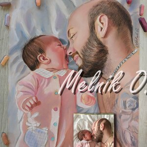 May include: A pastel drawing of a father and daughter. The father is holding the baby girl, who is wearing a pink onesie with a white bunny pocket. The drawing is signed "Melnik O."