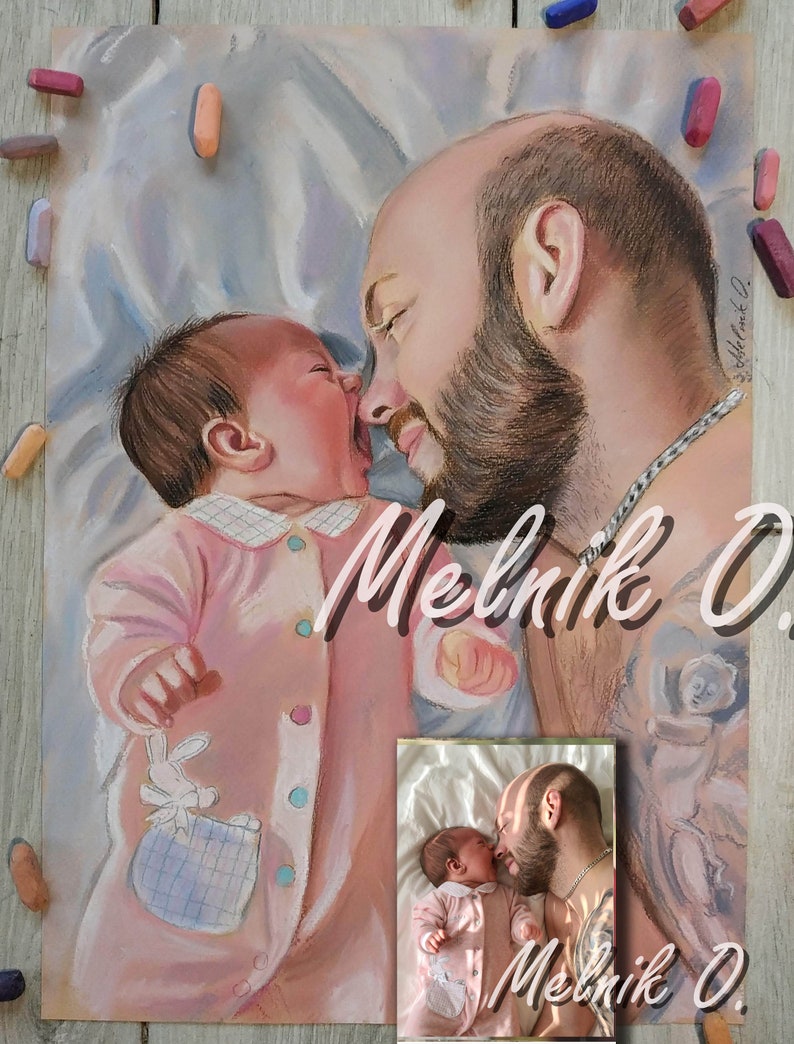 May include: A pastel drawing of a father and daughter. The father is holding the baby girl, who is wearing a pink onesie with a white bunny pocket. The drawing is signed "Melnik O."