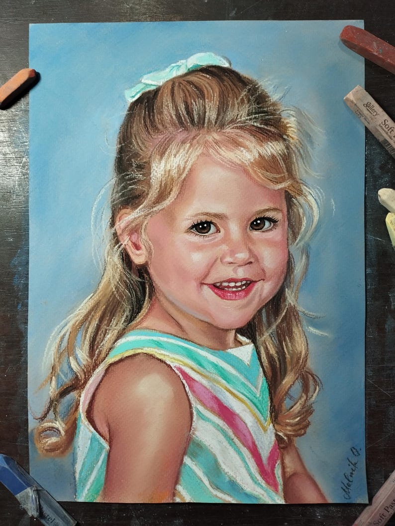Retrato al pastel personalizado a partir de una foto: Arte familiar o infantil enmarcado imagen 16