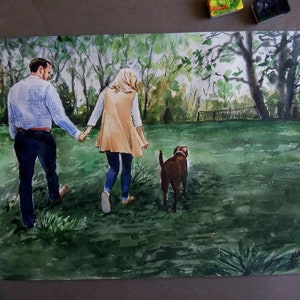 May include: A watercolor painting of a couple walking with their dog in a green grassy field. The couple is holding hands and the dog is running ahead of them. The painting is set against a backdrop of trees and a fence.