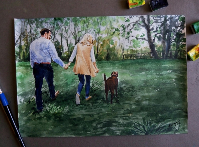 May include: A watercolor painting of a couple walking with their dog in a green grassy field. The couple is holding hands and the dog is running ahead of them. The painting is set against a backdrop of trees and a fence.