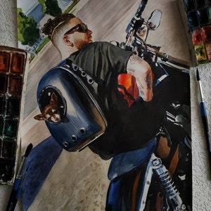 May include: A watercolor painting of a person wearing a black leather jacket with a large, silver backpack. The person is riding a motorcycle. A small brown dog is peeking out of the backpack.
