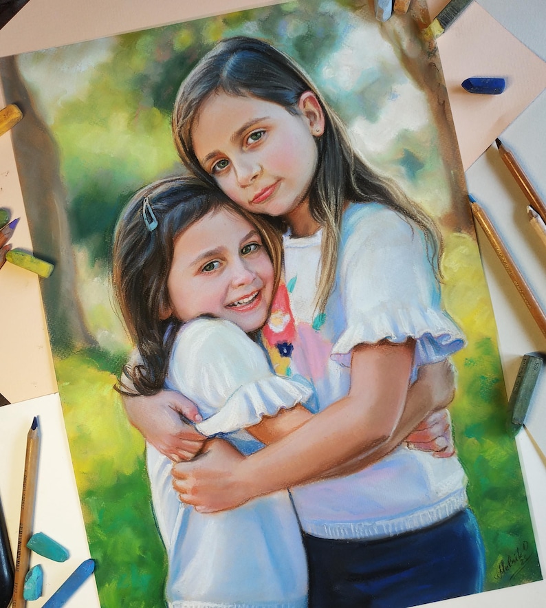 Retrato al pastel personalizado a partir de una foto: Arte familiar o infantil enmarcado imagen 11