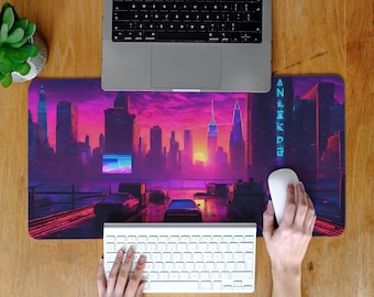 Cyberpunk Skyline-bureaumat: neon-goth gaming-muismat