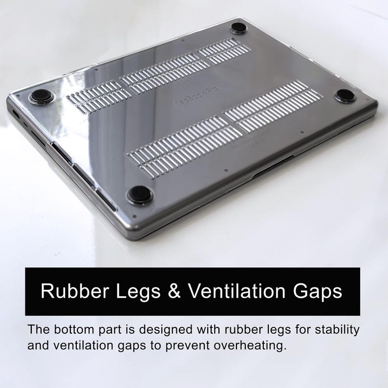 May include: A clear, hard-shell laptop case for the bottom of a MacBook Pro, featuring four circular black rubber feet at the corners and multiple horizontal ventilation slots. The text "Rubber Legs & Ventilation Gaps" is printed below.