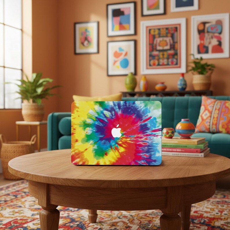 May include: A laptop computer featuring a vibrant, multi-colored tie-dye pattern on its outer shell. The design displays a swirling, radial burst of yellow, red, blue, and green hues, centered around the iconic white Apple logo on the lid.