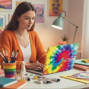 May include: A laptop with a vibrant, multi-colored tie-dye pattern on the lid. The laptop is open, displaying a colorful swirl of red, yellow, blue, and green hues. The device is positioned on a desk alongside paintbrushes and art supplies.