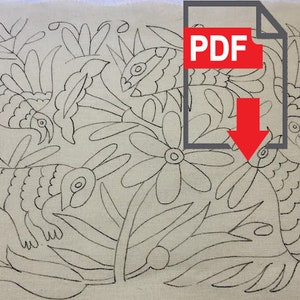 May include: A hand-drawn design on a beige fabric, featuring birds, rabbits, flowers, and foliage. The artwork is outlined in black, creating a detailed, folk-art style illustration. A PDF icon with a red arrow is in the upper right corner.