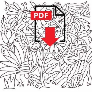Puede incluir: Ilustración en blanco y negro de línea de un pájaro, una flor y una criatura mítica. La imagen está etiquetada como "PDF" con una flecha roja apuntando hacia abajo.