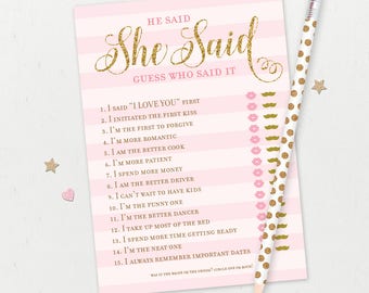 He Said She Said  | Virtual + Printable | Bridal Shower Game | Bachelorette | Hen | Party Games | Instant Download | Pink and Gold Shower