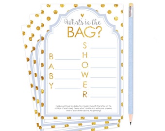 Virtual + Printable | What's in the Bag | Diaper Bag Game | Baby Shower Game | Boy Shower | Party Games | Instant Download | Blue and Gold