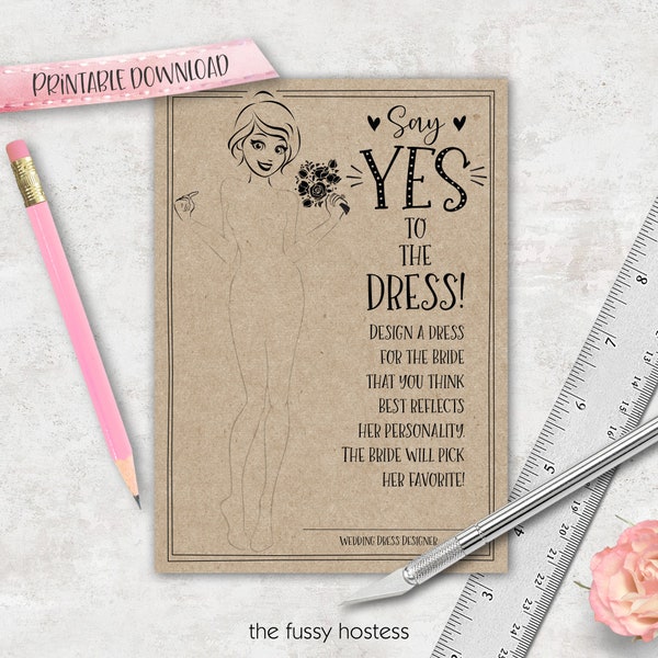 Guess the Dress | Draw the Dress | Say Yes to the Dress | Bridal Shower Game | Wedding Dress Game | Printable Download | Kraft + White