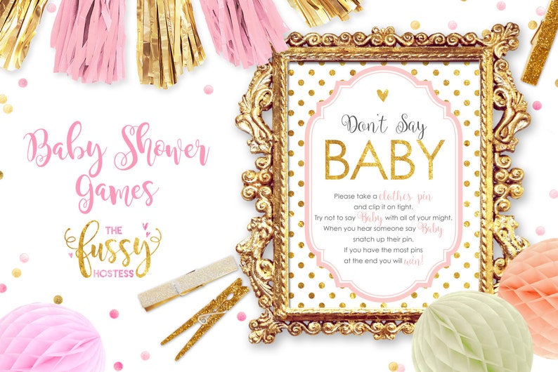 Don't Say Baby Shower Game Printable, Baby Shower Game, Printable, Clothespin Game, Baby Shower Activities, Instant Download, Pink and Gold image 1