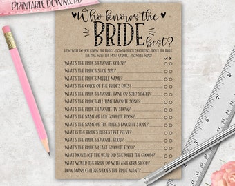 Who Knows the Bride Best | Virtual + Printable | Bride Game| Bridal Shower Game | Bachelorette Party | Hen Party | Download | Kraft + White