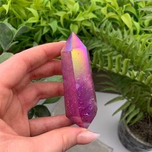 Purple Flame Aura Angel Clear Quartz Double Terminated Wand Point Obelisk Qty:1 image 3