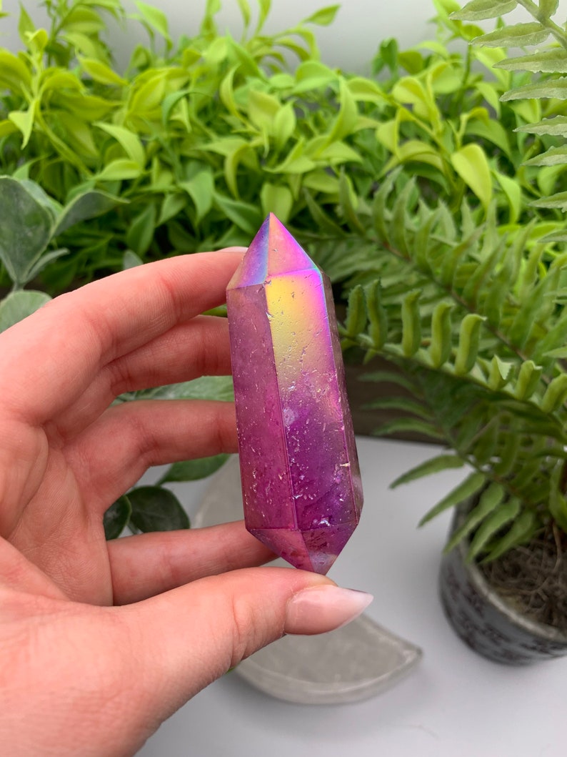 Purple Flame Aura Angel Clear Quartz Double Terminated Wand Point Obelisk Qty:1 image 3